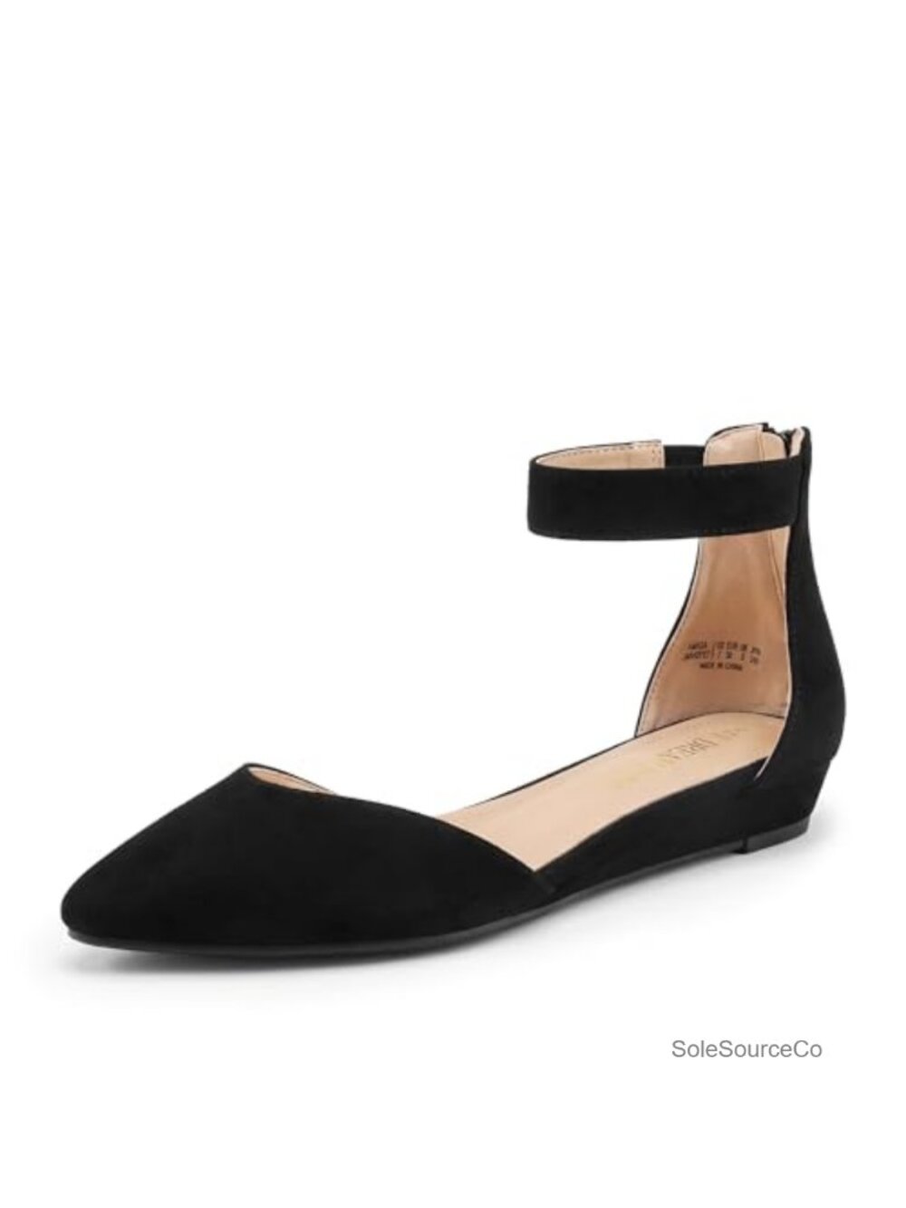 Women's Ankle Strap Ballet Flats with Zipper - Faux Suede, Low Wedge Heel